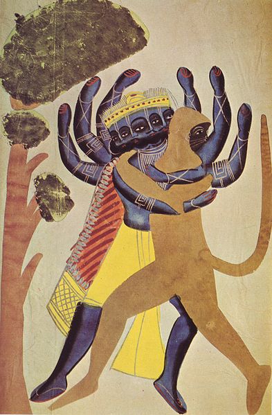 393px-The demon ravana fighting with the ape hanuman, 1880, kalighat school.jpg